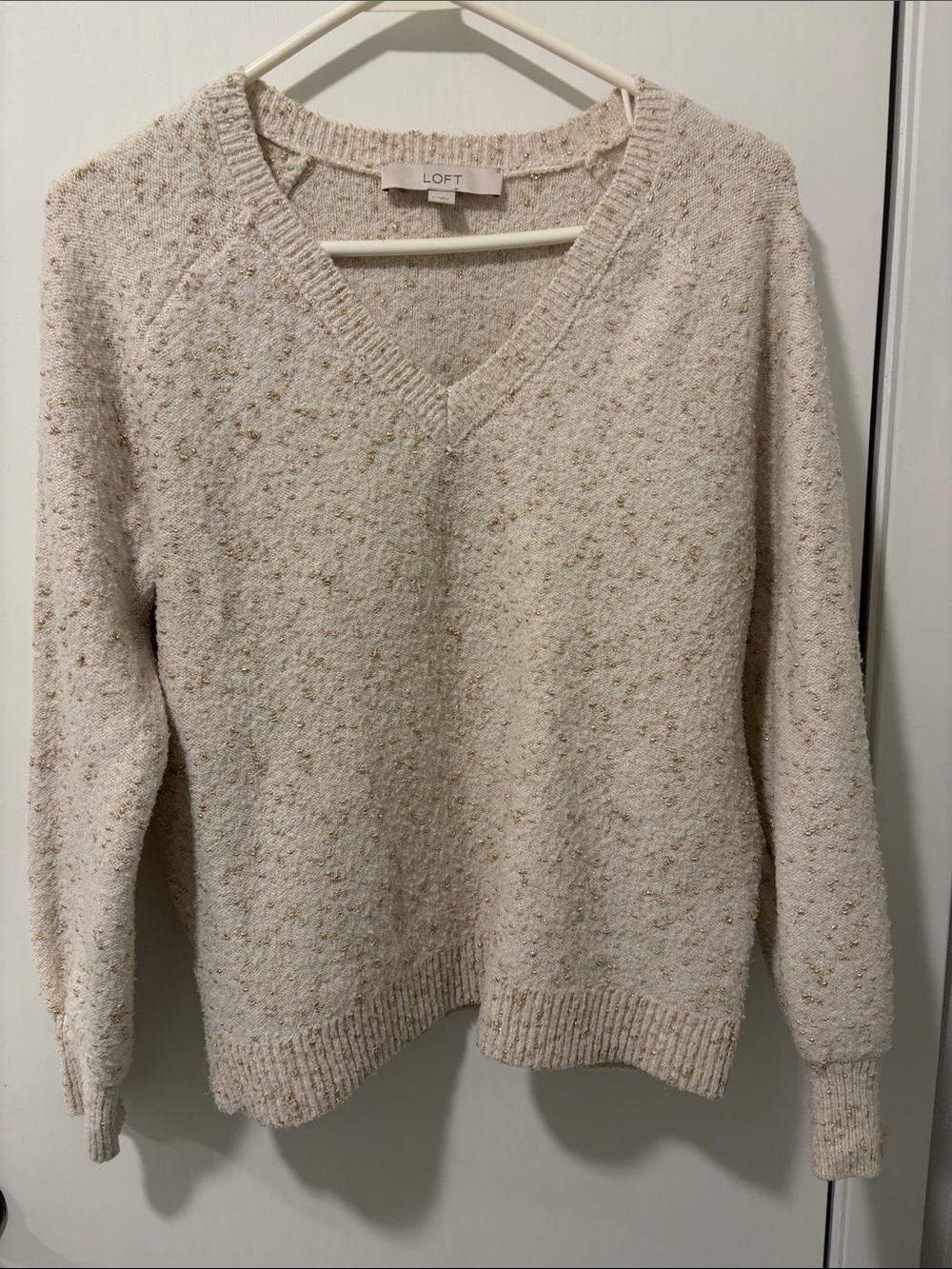 LOFT Cream Speckle V-Neck Sweater with Neutral Fleck